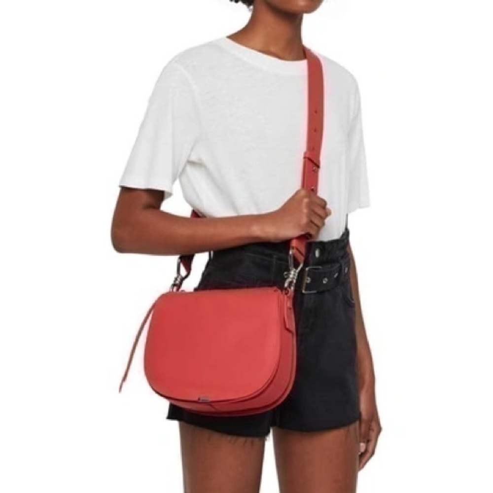 New RARE ALLSAINTS Captain Round Leather Crossbody Bag Coral Pink Pebbled